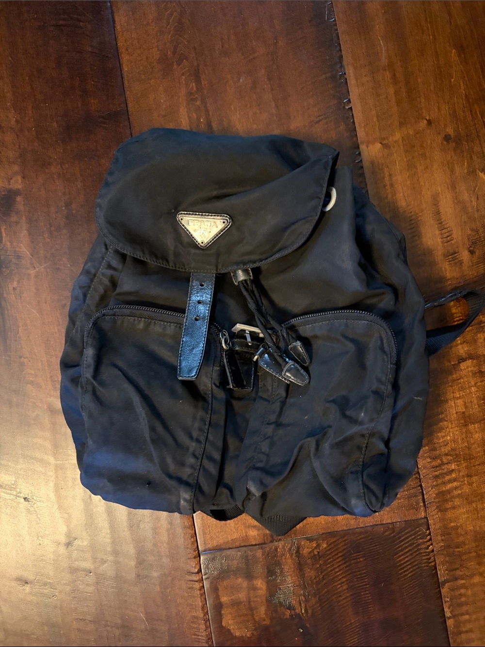 Prada Black Nylon Drawstring Backpack with Leather Trim
